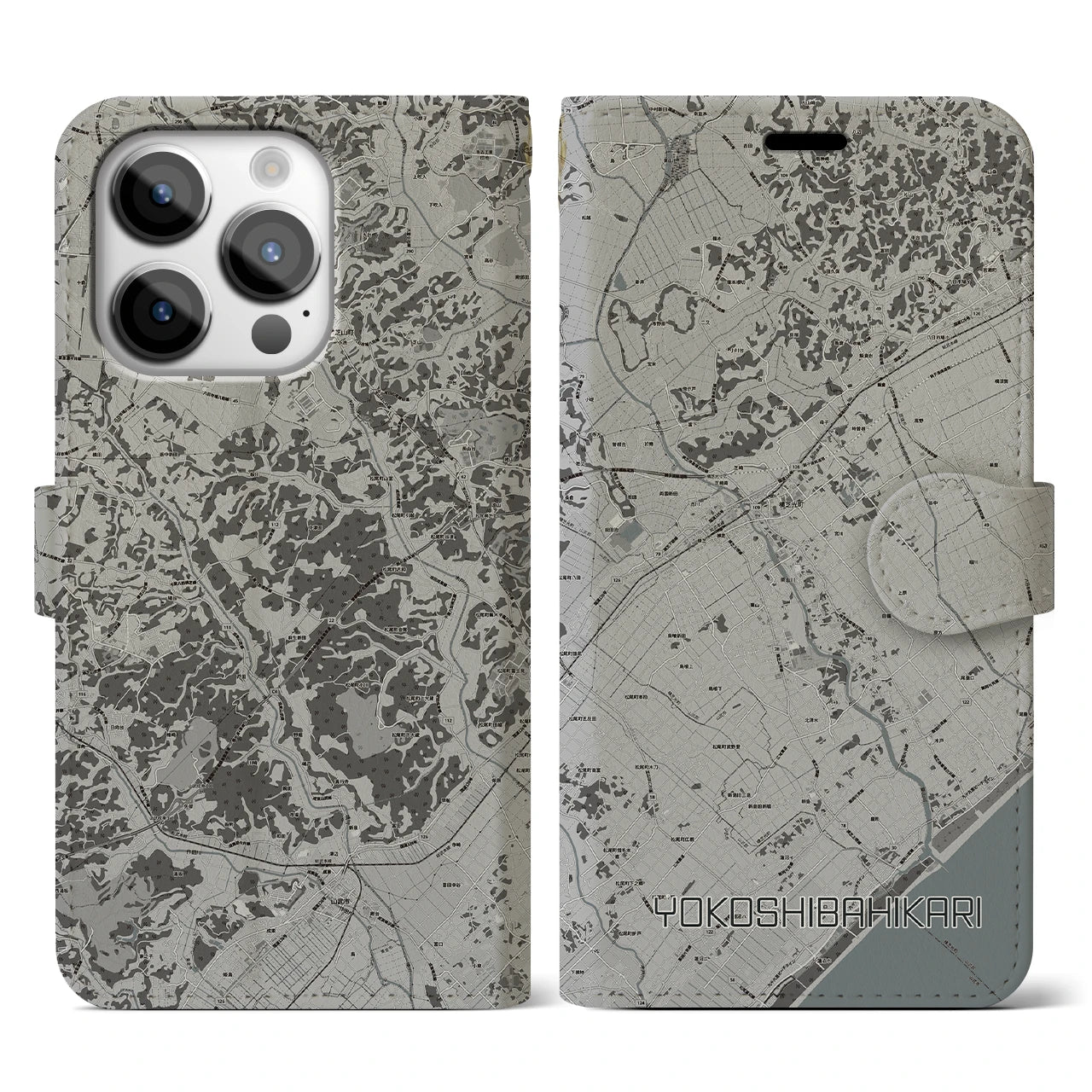 【横芝光(千葉県)】地図柄iPhoneケース(手帳タイプ)モノトーン・iPhone 14 Pro 用