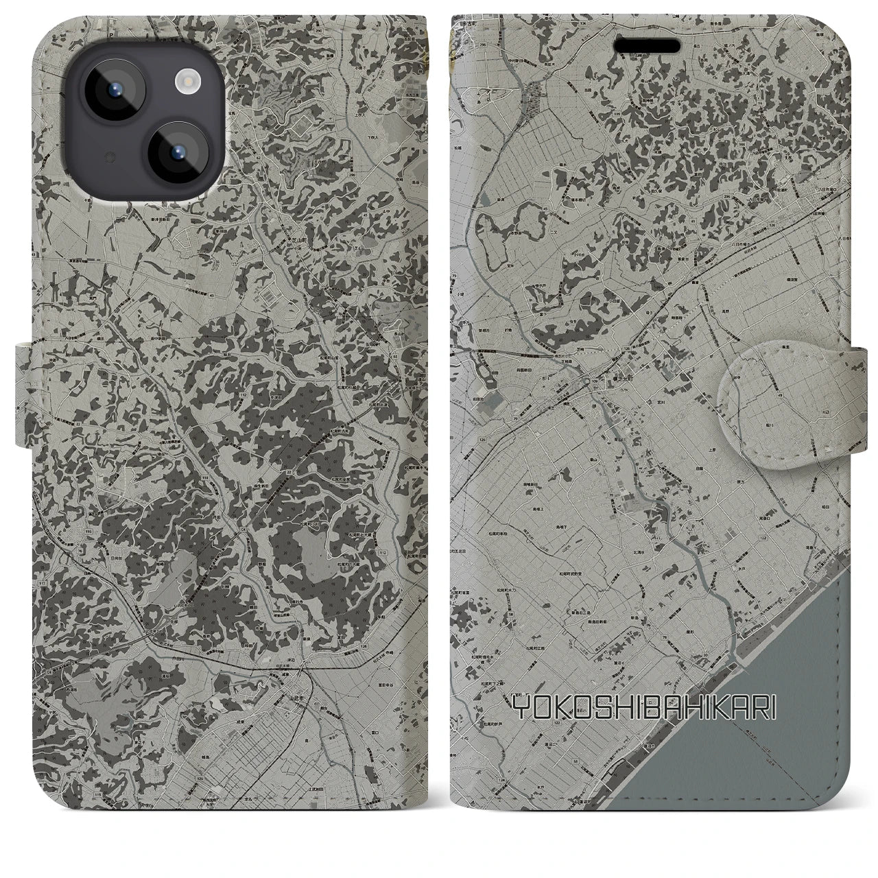 【横芝光(千葉県)】地図柄iPhoneケース(手帳タイプ)モノトーン・iPhone 14 Plus 用