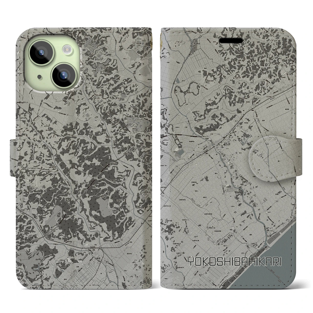 【横芝光(千葉県)】地図柄iPhoneケース(手帳タイプ)モノトーン・iPhone 15 用