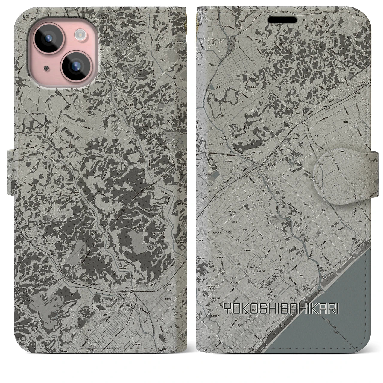 【横芝光(千葉県)】地図柄iPhoneケース(手帳タイプ)モノトーン・iPhone 15 Plus 用