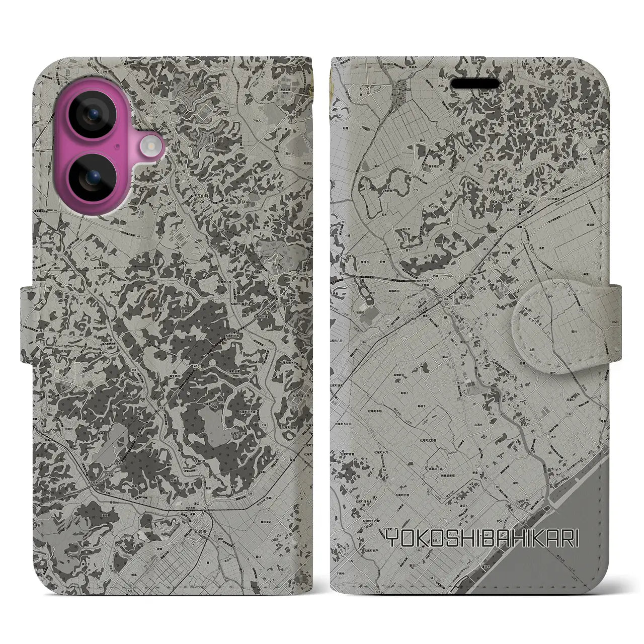 【横芝光(千葉県)】地図柄iPhoneケース(手帳タイプ)モノトーン・iPhone 16 Pro 用