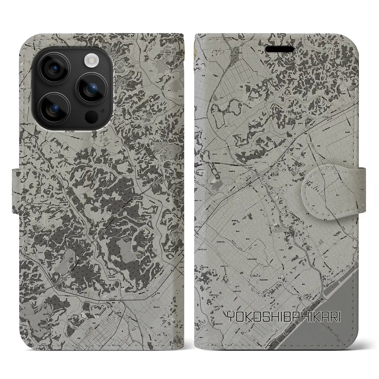 【横芝光(千葉県)】地図柄iPhoneケース(手帳タイプ)モノトーン・iPhone 16 用