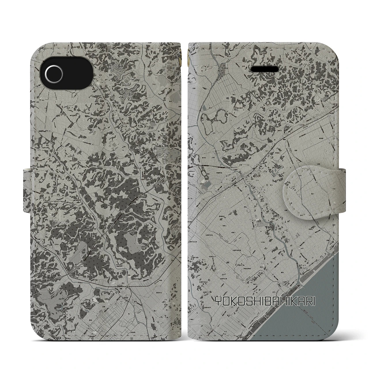 【横芝光(千葉県)】地図柄iPhoneケース(手帳タイプ)モノトーン・iPhone SE(第3 / 第2世代) / 8 / 7 / 6s / 6 用