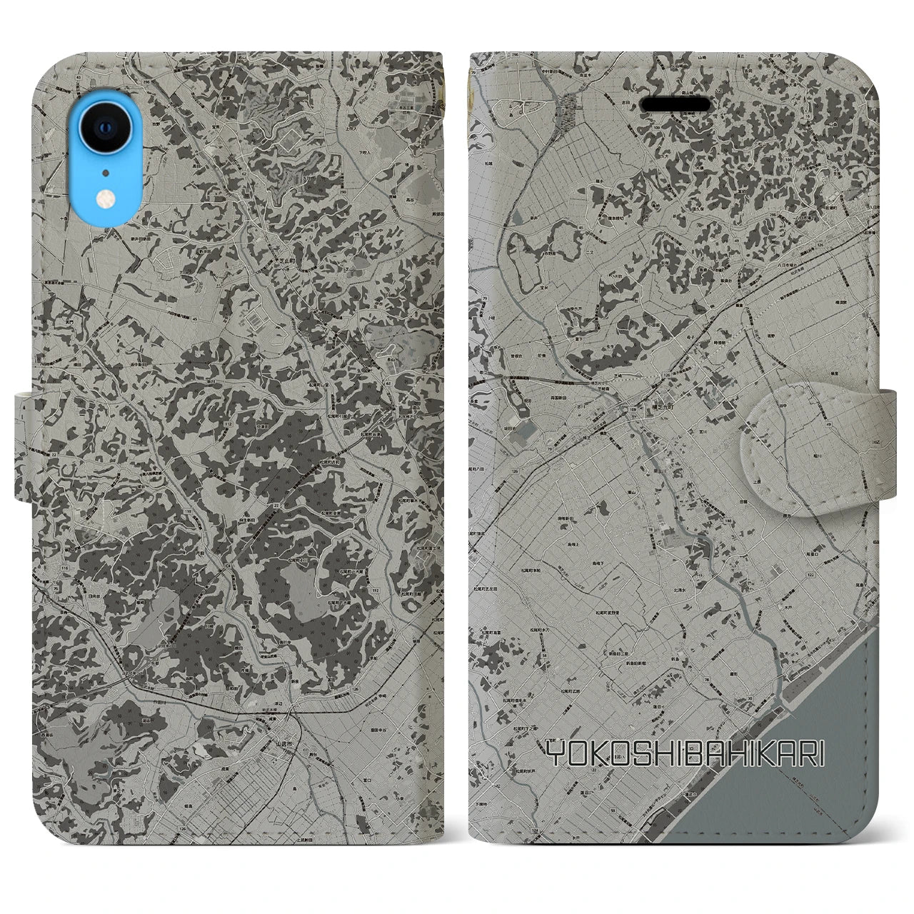 【横芝光(千葉県)】地図柄iPhoneケース(手帳タイプ)モノトーン・iPhone XR 用