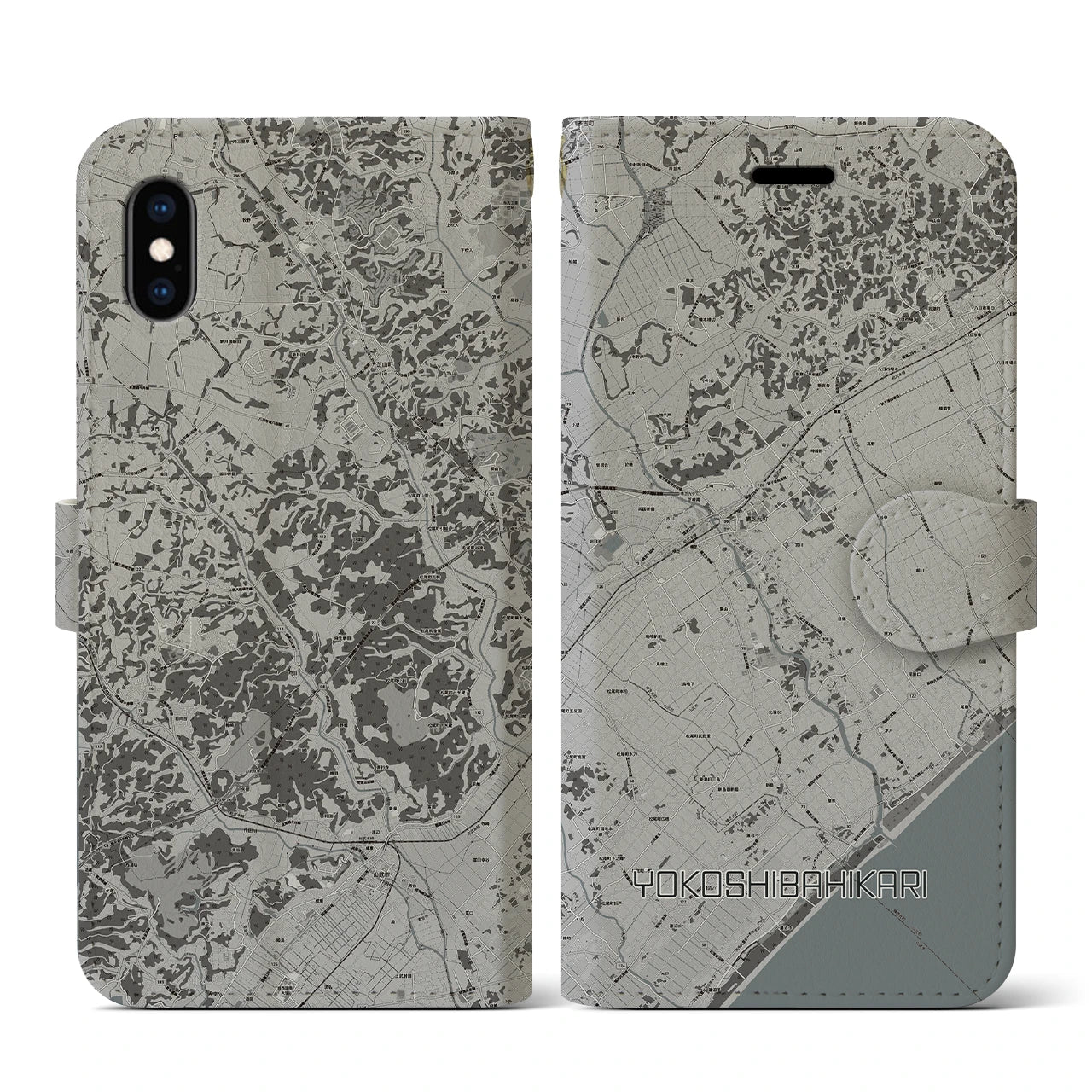 【横芝光(千葉県)】地図柄iPhoneケース(手帳タイプ)モノトーン・iPhone XS / X 用