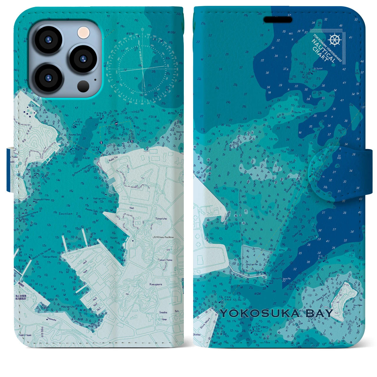 【横須賀港(神奈川県)】海図iPhoneケース(手帳タイプ)ブルー・iPhone 13 Pro Max 用