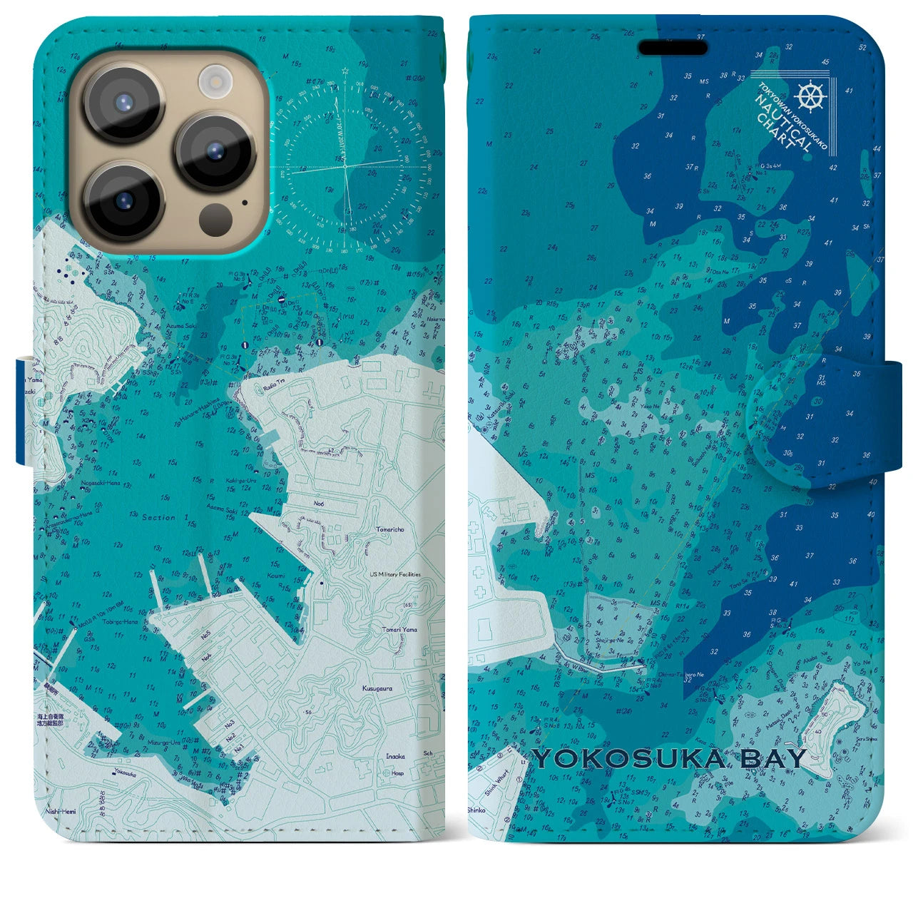 【横須賀港(神奈川県)】海図iPhoneケース(手帳タイプ)ブルー・iPhone 14 Pro Max 用