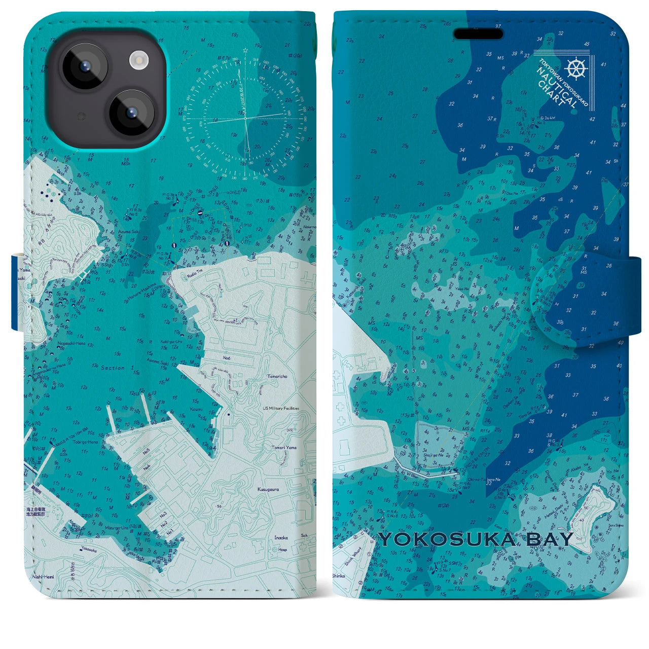 【横須賀港(神奈川県)】海図iPhoneケース(手帳タイプ)ブルー・iPhone 14 Plus 用