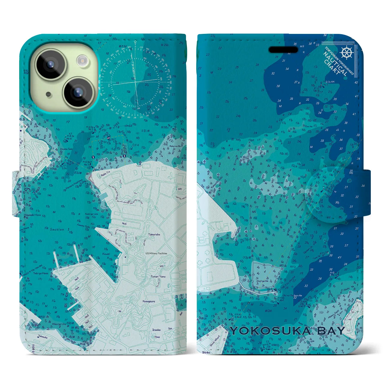 【横須賀港(神奈川県)】海図iPhoneケース(手帳タイプ)ブルー・iPhone 15 用