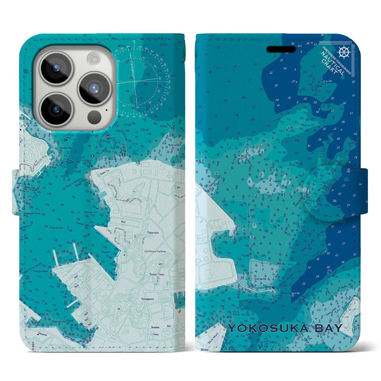【横須賀港(神奈川県)】海図iPhoneケース(手帳タイプ)ブルー・iPhone 15 Pro 用