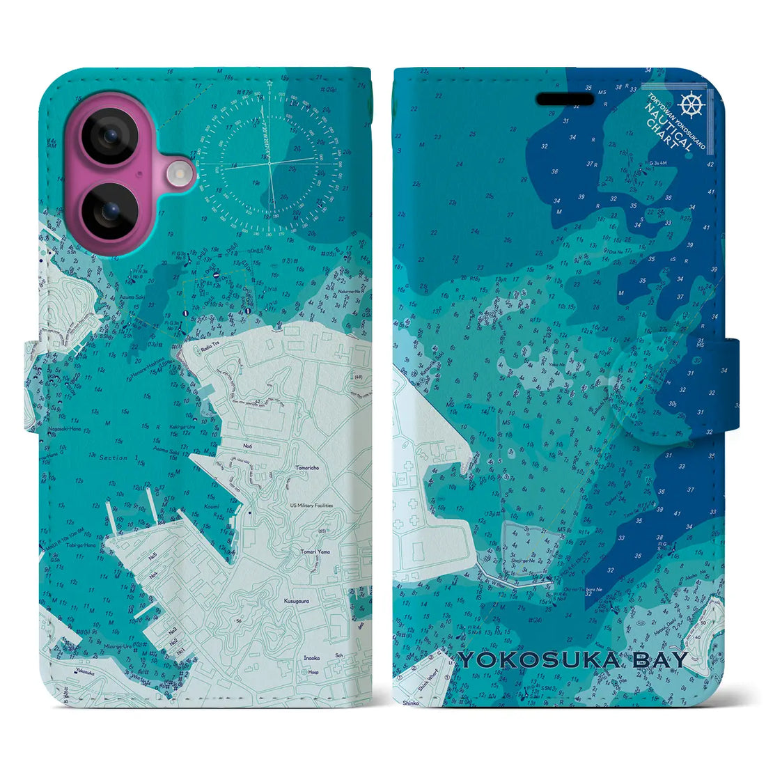 【横須賀港(神奈川県)】海図iPhoneケース(手帳タイプ)ブルー・iPhone 16 Pro 用