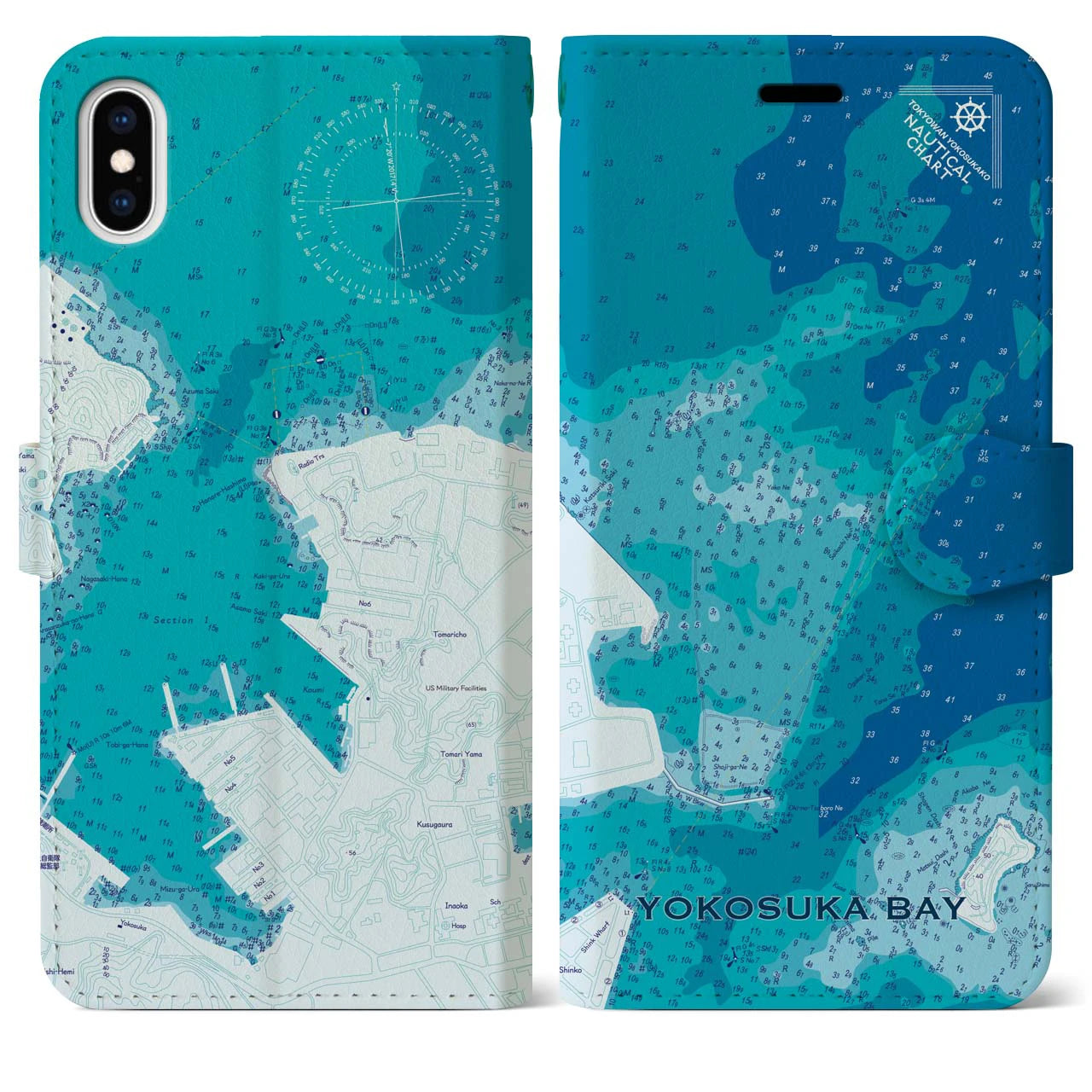【横須賀港(神奈川県)】海図iPhoneケース(手帳タイプ)ブルー・iPhone XS Max 用