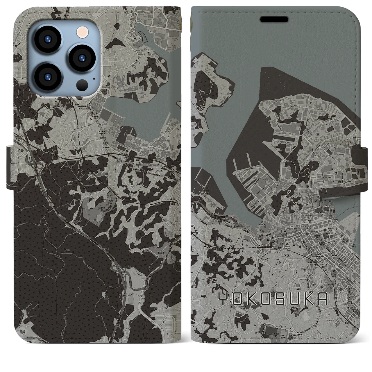 【横須賀(神奈川県)】地図柄iPhoneケース(手帳タイプ)モノトーン・iPhone 13 Pro Max 用