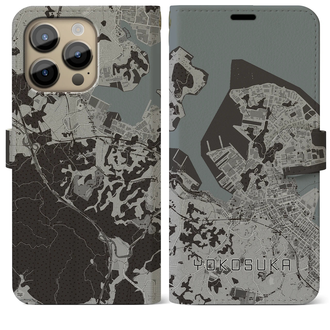 【横須賀(神奈川県)】地図柄iPhoneケース(手帳タイプ)モノトーン・iPhone 14 Pro Max 用
