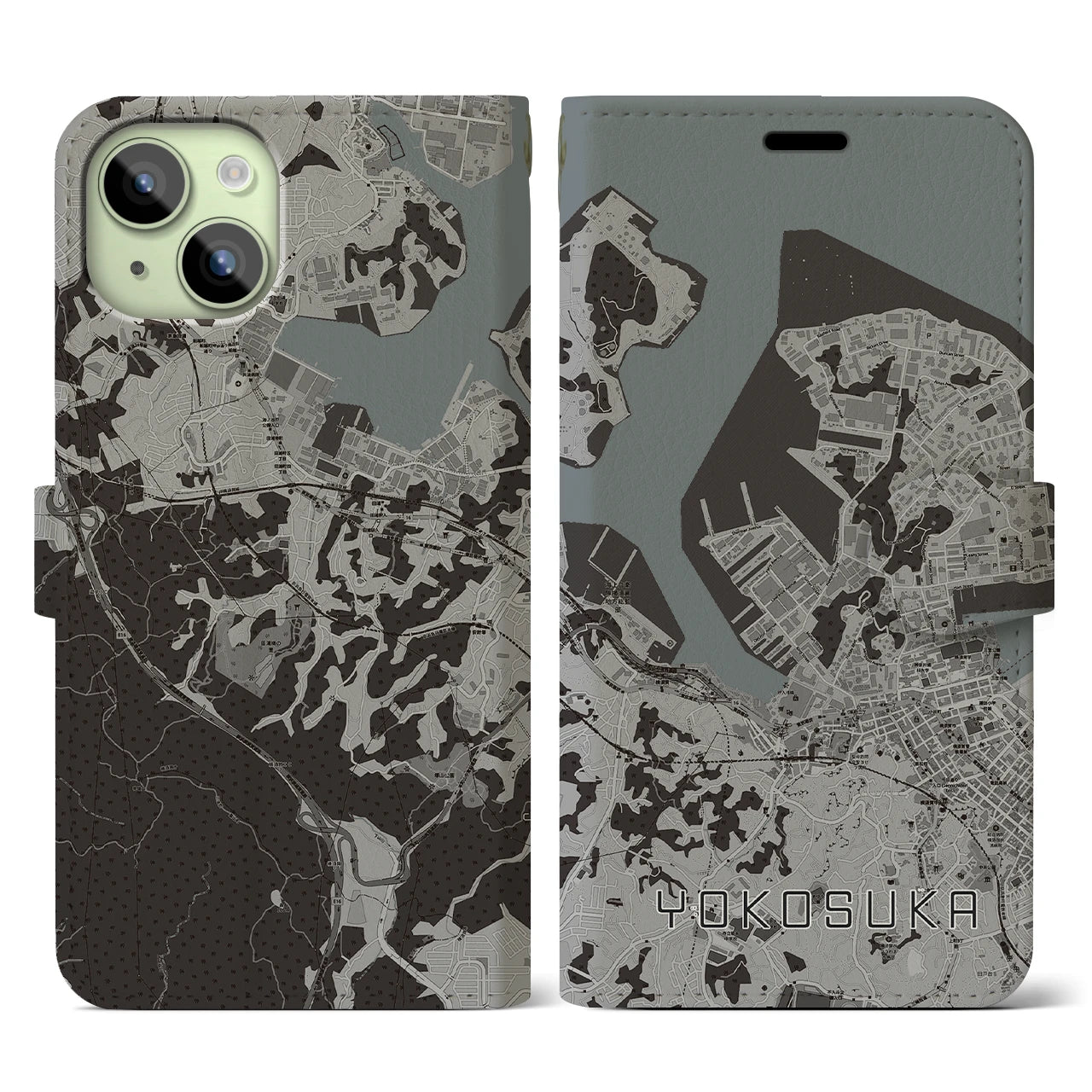 【横須賀(神奈川県)】地図柄iPhoneケース(手帳タイプ)モノトーン・iPhone 15 用