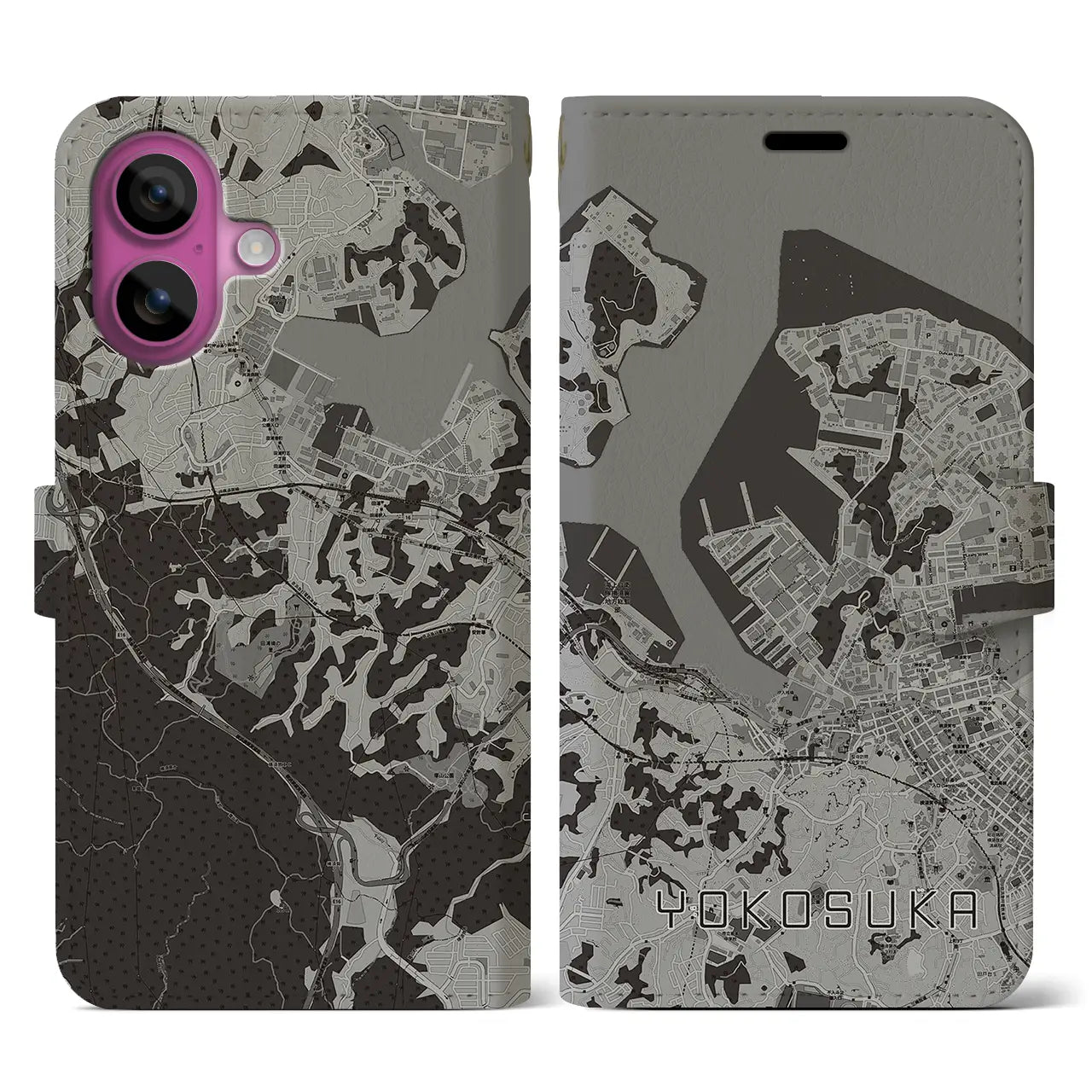 【横須賀(神奈川県)】地図柄iPhoneケース(手帳タイプ)モノトーン・iPhone 16 Pro 用