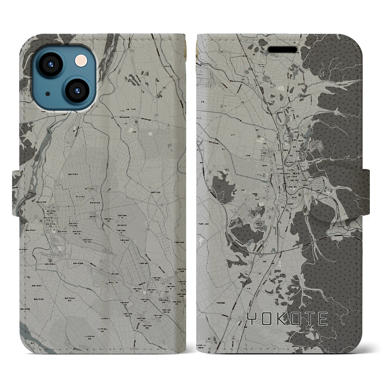 【横手(秋田県)】地図柄iPhoneケース(手帳タイプ)モノトーン・iPhone 13 用