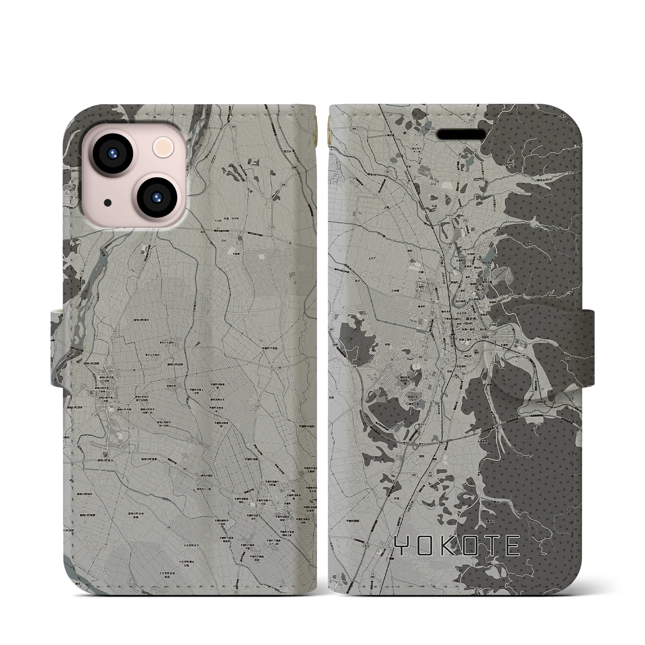 【横手(秋田県)】地図柄iPhoneケース(手帳タイプ)モノトーン・iPhone 13 mini 用