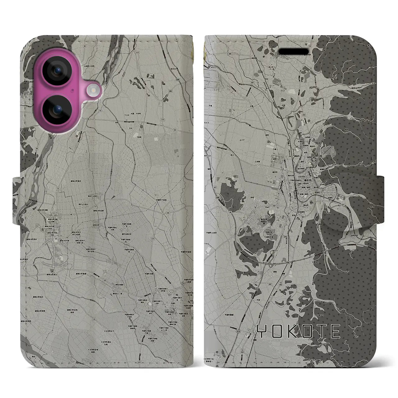 【横手(秋田県)】地図柄iPhoneケース(手帳タイプ)モノトーン・iPhone 16 Pro 用