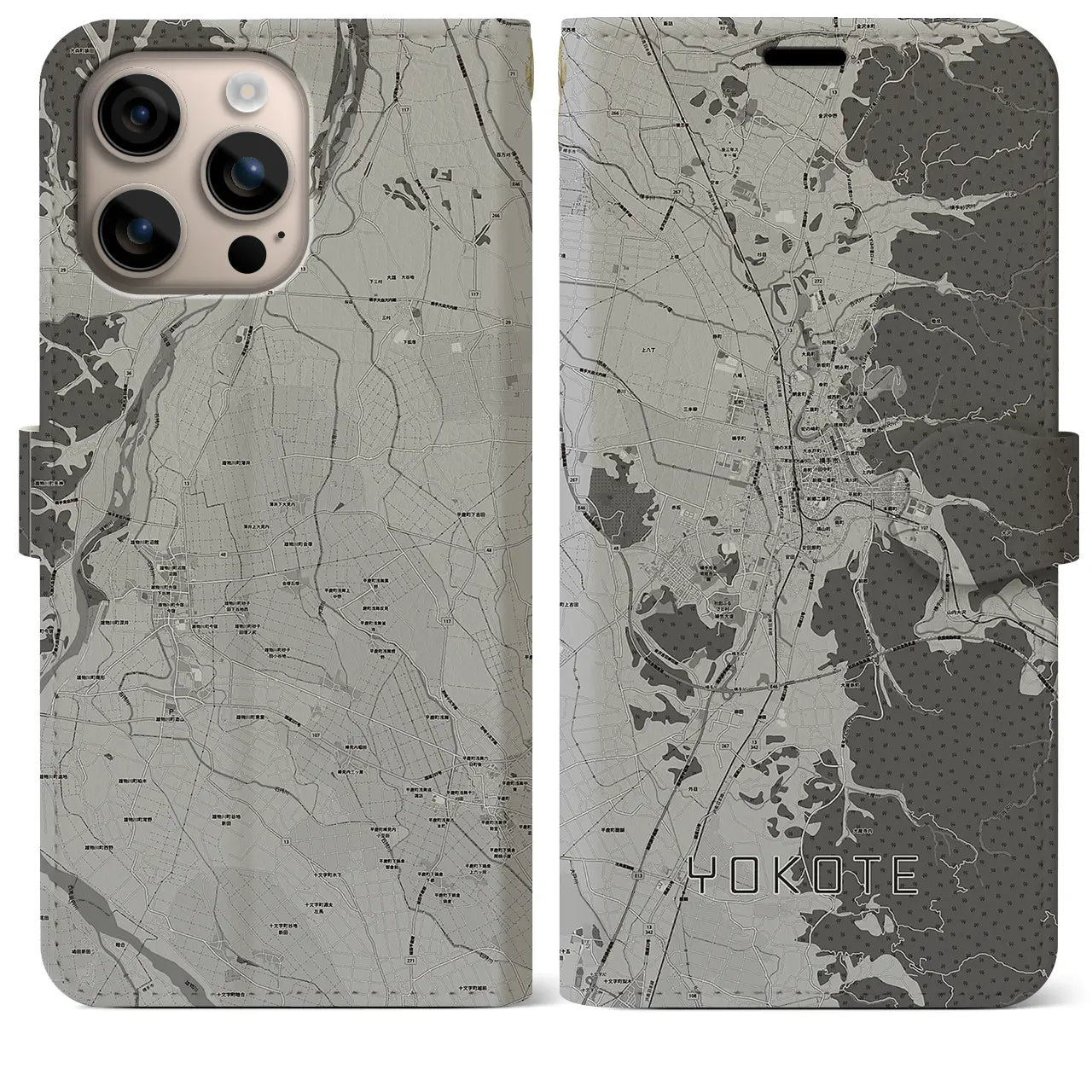 【横手(秋田県)】地図柄iPhoneケース(手帳タイプ)モノトーン・iPhone 16 Plus 用