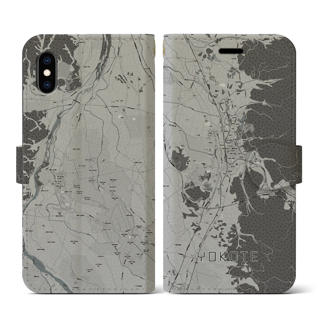 【横手(秋田県)】地図柄iPhoneケース(手帳タイプ)モノトーン・iPhone XS / X 用