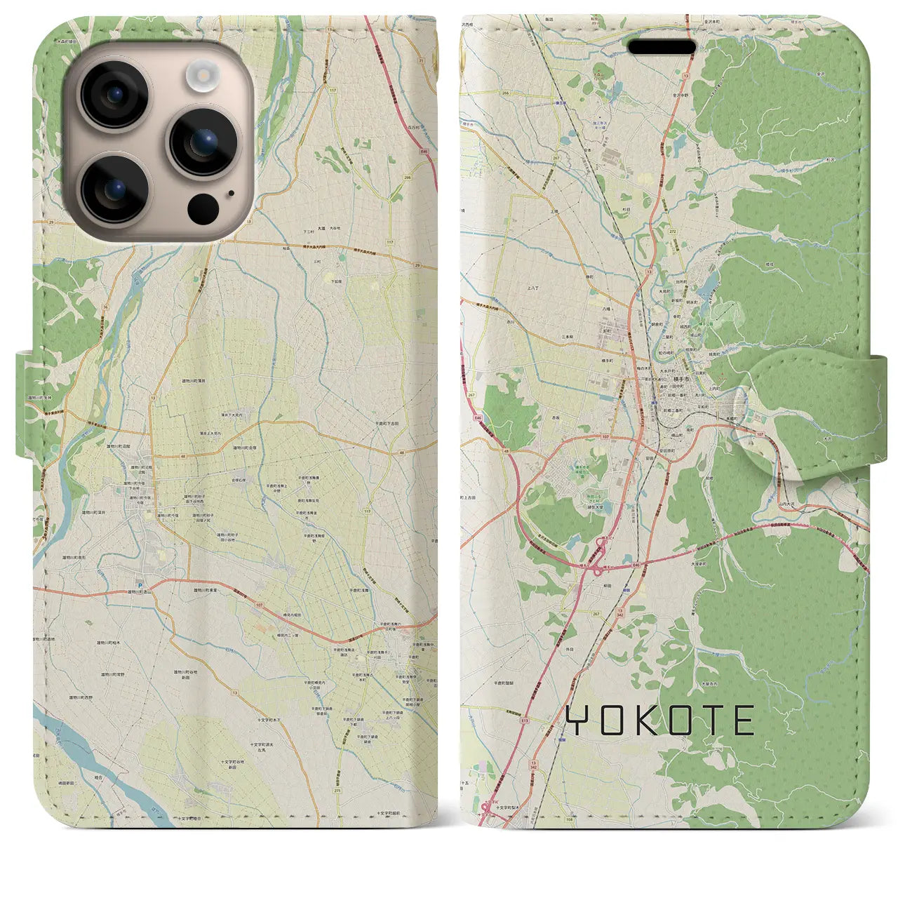 【横手(秋田県)】地図柄iPhoneケース(手帳タイプ)ナチュラル・iPhone 16 Plus 用