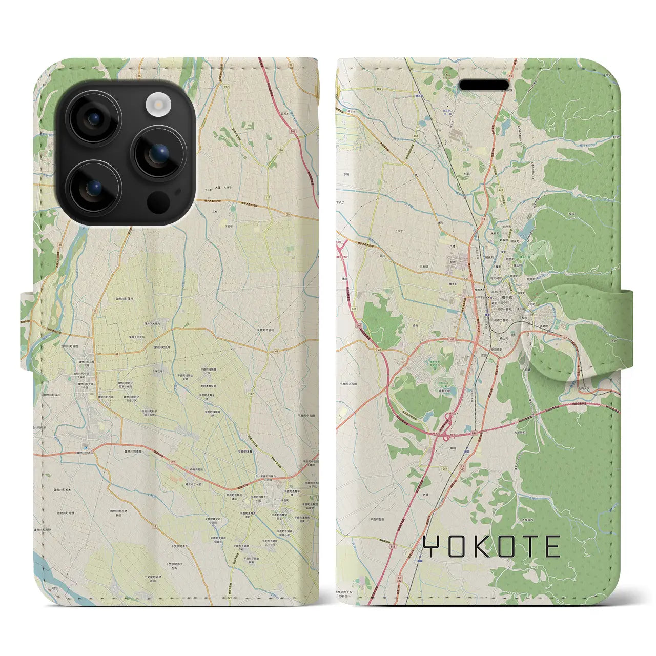 【横手(秋田県)】地図柄iPhoneケース(手帳タイプ)ナチュラル・iPhone 16 用
