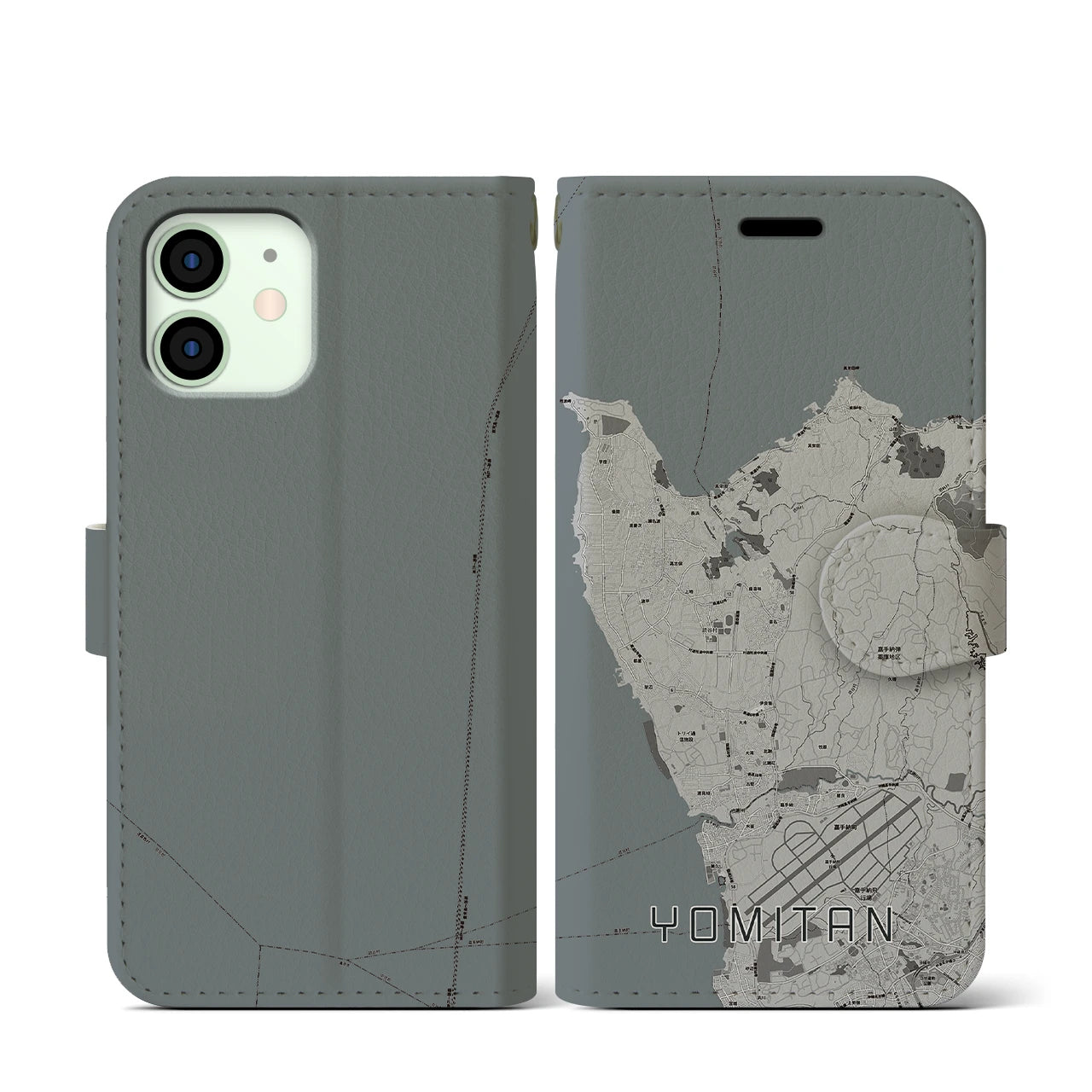 【読谷(沖縄県)】地図柄iPhoneケース(手帳タイプ)モノトーン・iPhone 12 mini 用
