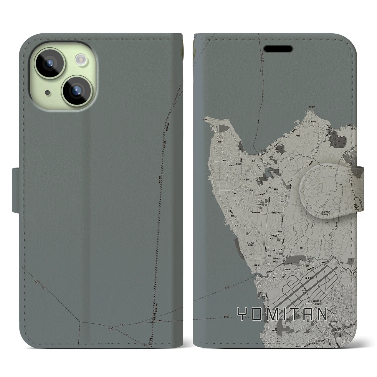 【読谷(沖縄県)】地図柄iPhoneケース(手帳タイプ)モノトーン・iPhone 15 用