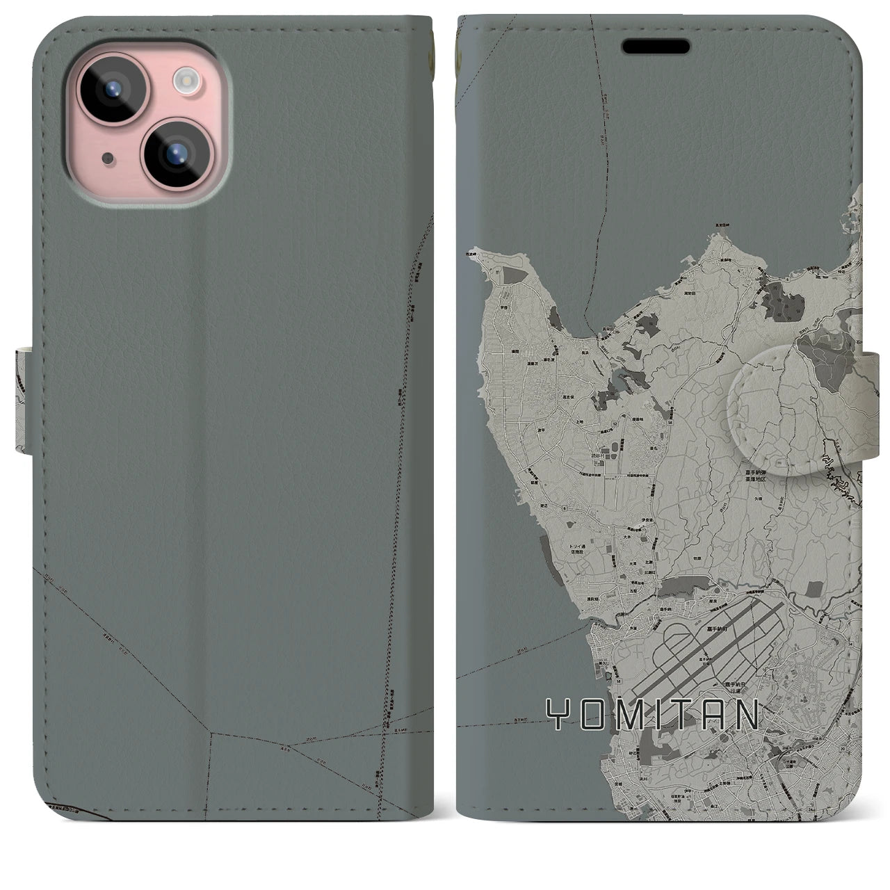 【読谷(沖縄県)】地図柄iPhoneケース(手帳タイプ)モノトーン・iPhone 15 Plus 用
