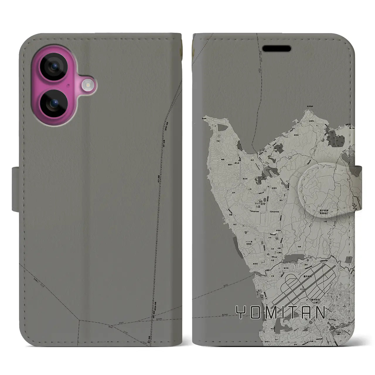 【読谷(沖縄県)】地図柄iPhoneケース(手帳タイプ)モノトーン・iPhone 16 Pro 用