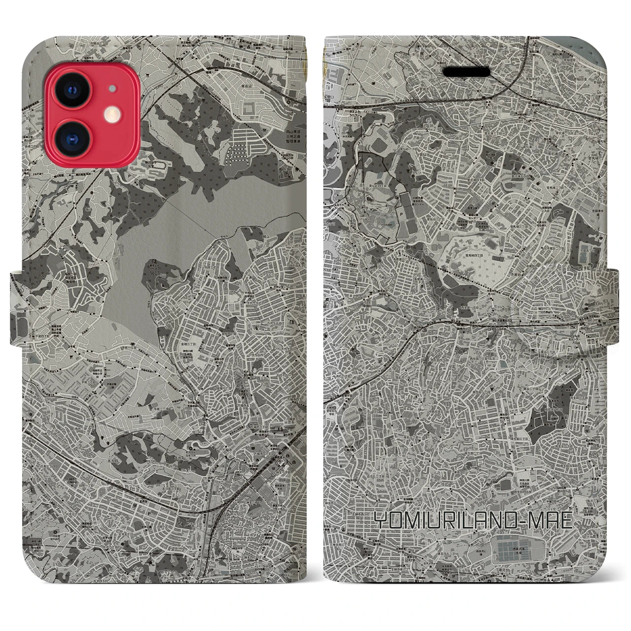 【読売ランド前(神奈川県)】地図柄iPhoneケース(手帳タイプ)モノトーン・iPhone 11 用