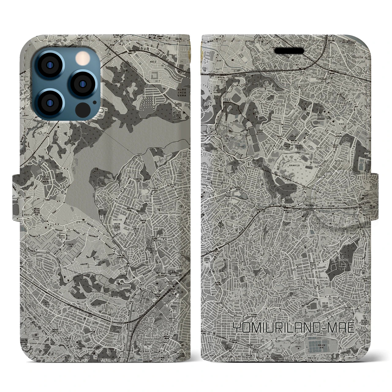 【読売ランド前(神奈川県)】地図柄iPhoneケース(手帳タイプ)モノトーン・iPhone 12 / 12 Pro 用