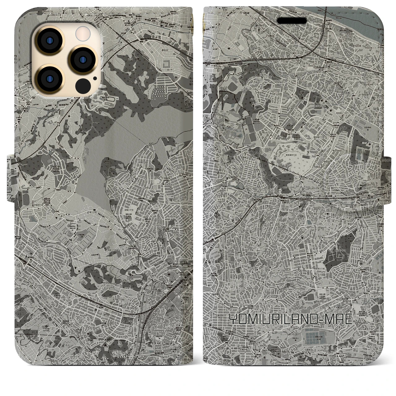 【読売ランド前(神奈川県)】地図柄iPhoneケース(手帳タイプ)モノトーン・iPhone 12 Pro Max 用