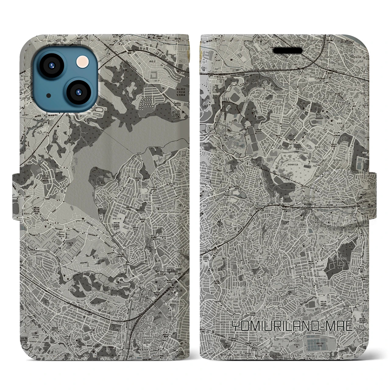 【読売ランド前(神奈川県)】地図柄iPhoneケース(手帳タイプ)モノトーン・iPhone 13 用