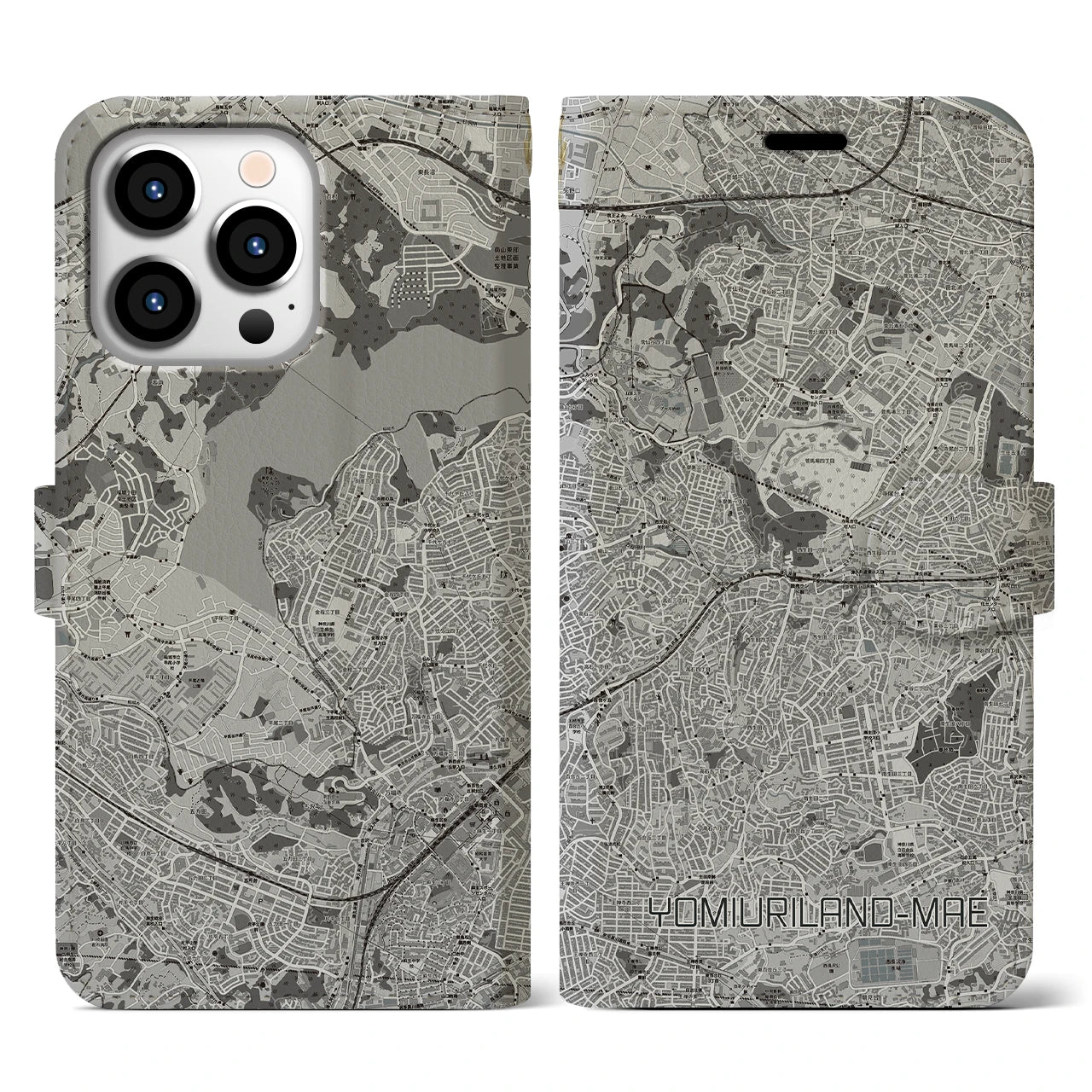 【読売ランド前(神奈川県)】地図柄iPhoneケース(手帳タイプ)モノトーン・iPhone 13 Pro 用