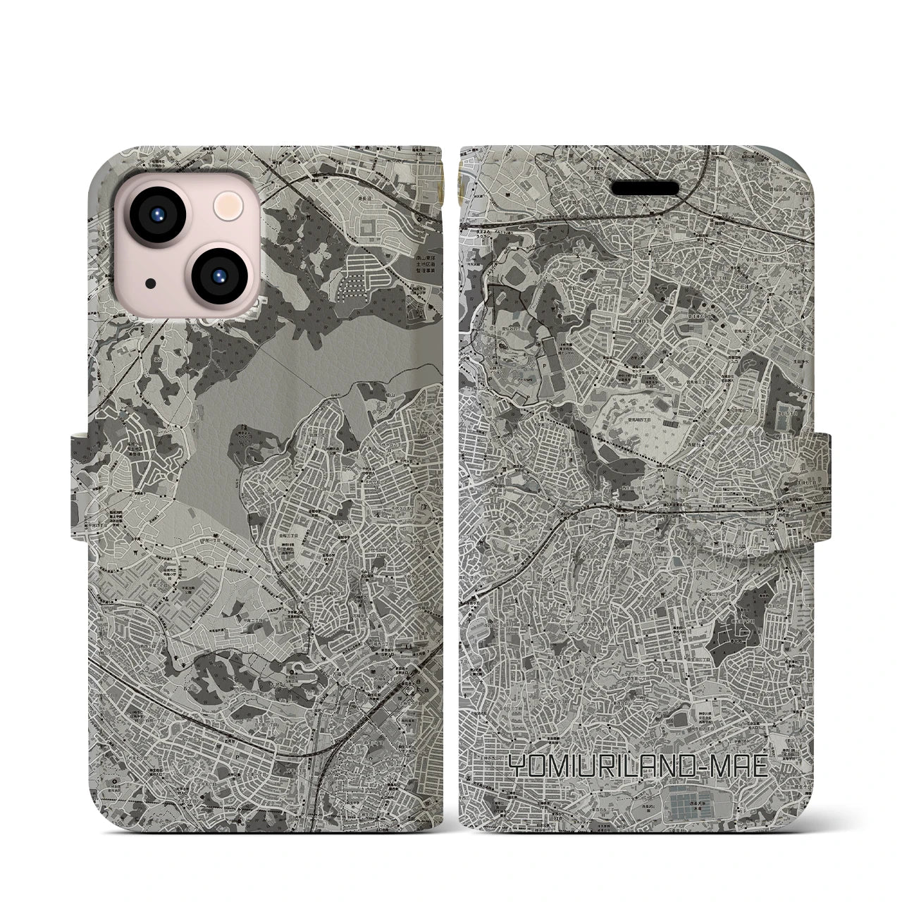 【読売ランド前(神奈川県)】地図柄iPhoneケース(手帳タイプ)モノトーン・iPhone 13 mini 用