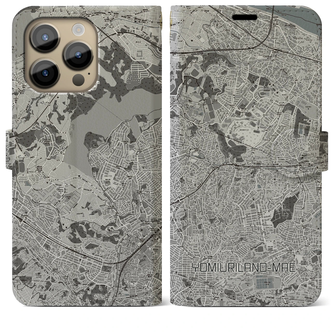 【読売ランド前(神奈川県)】地図柄iPhoneケース(手帳タイプ)モノトーン・iPhone 14 Pro Max 用