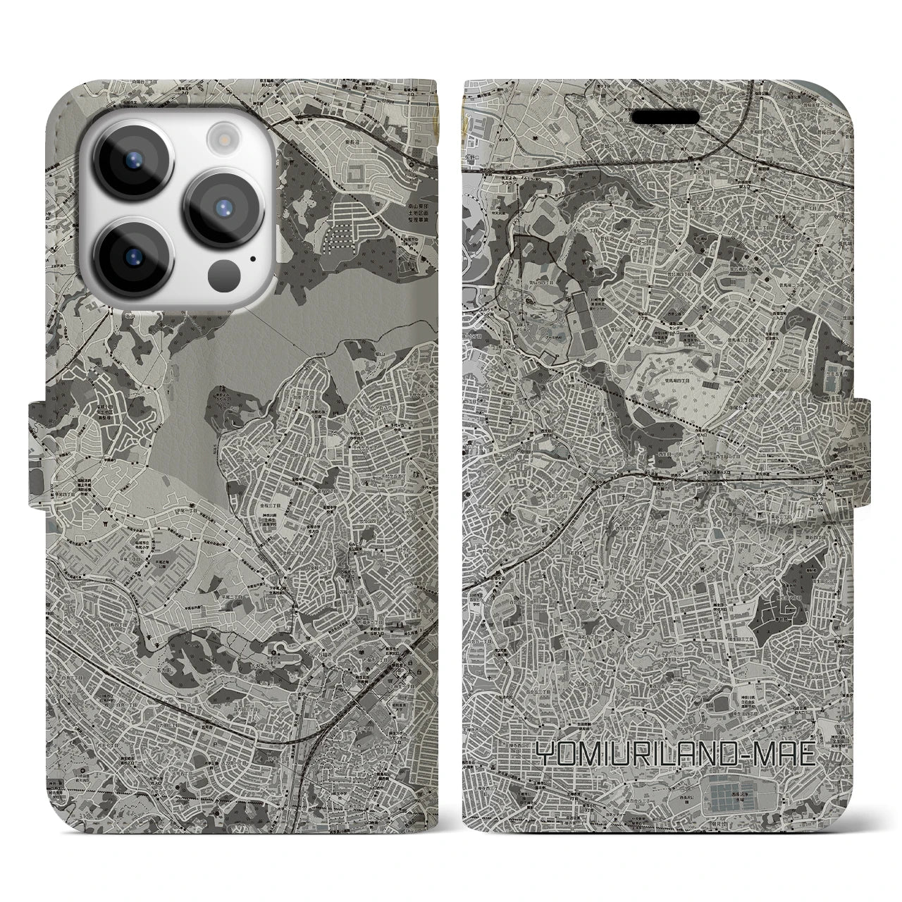 【読売ランド前(神奈川県)】地図柄iPhoneケース(手帳タイプ)モノトーン・iPhone 14 Pro 用