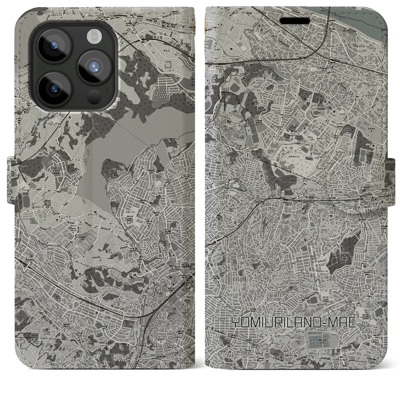 【読売ランド前(神奈川県)】地図柄iPhoneケース(手帳タイプ)モノトーン・iPhone 15 Pro Max 用