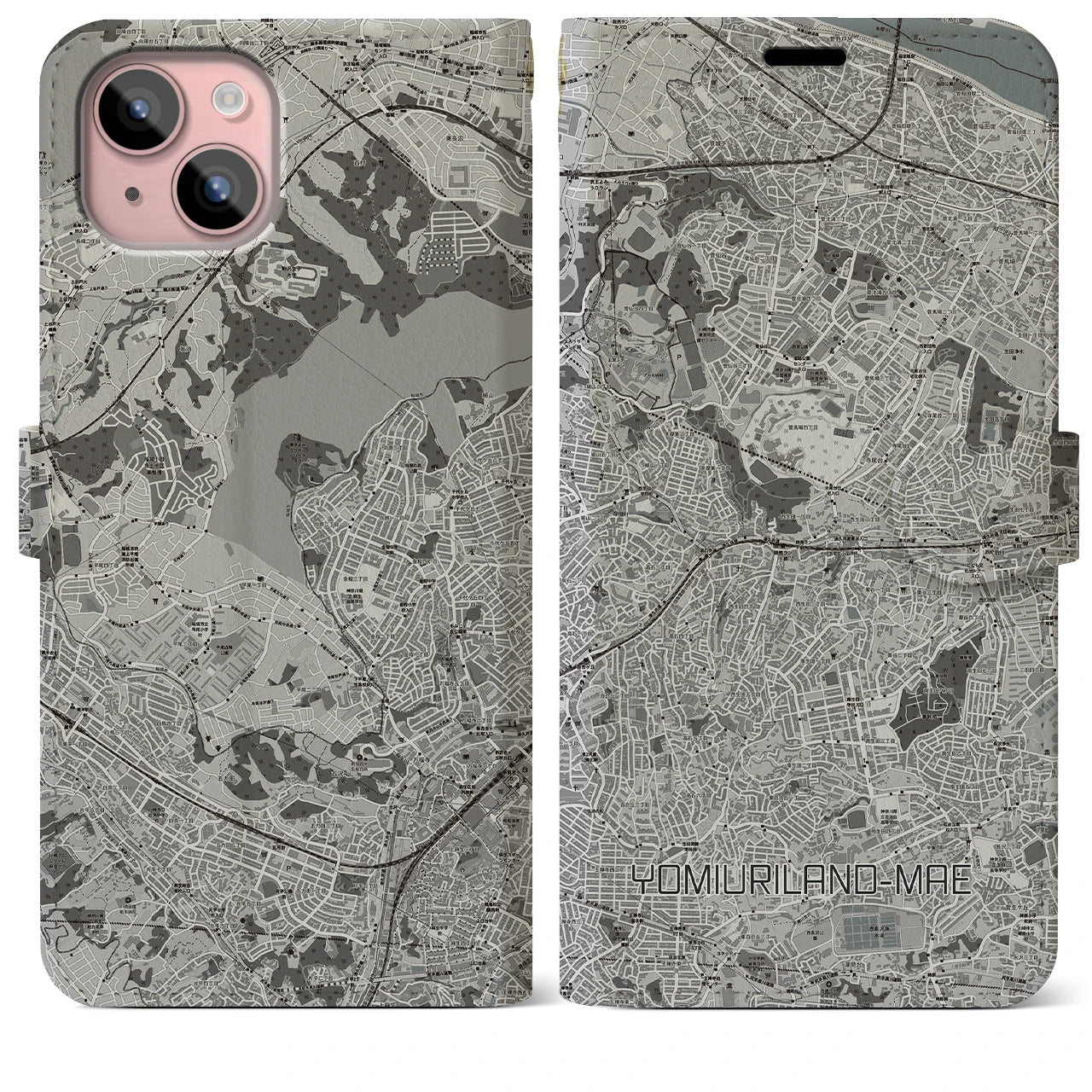 【読売ランド前(神奈川県)】地図柄iPhoneケース(手帳タイプ)モノトーン・iPhone 15 Plus 用