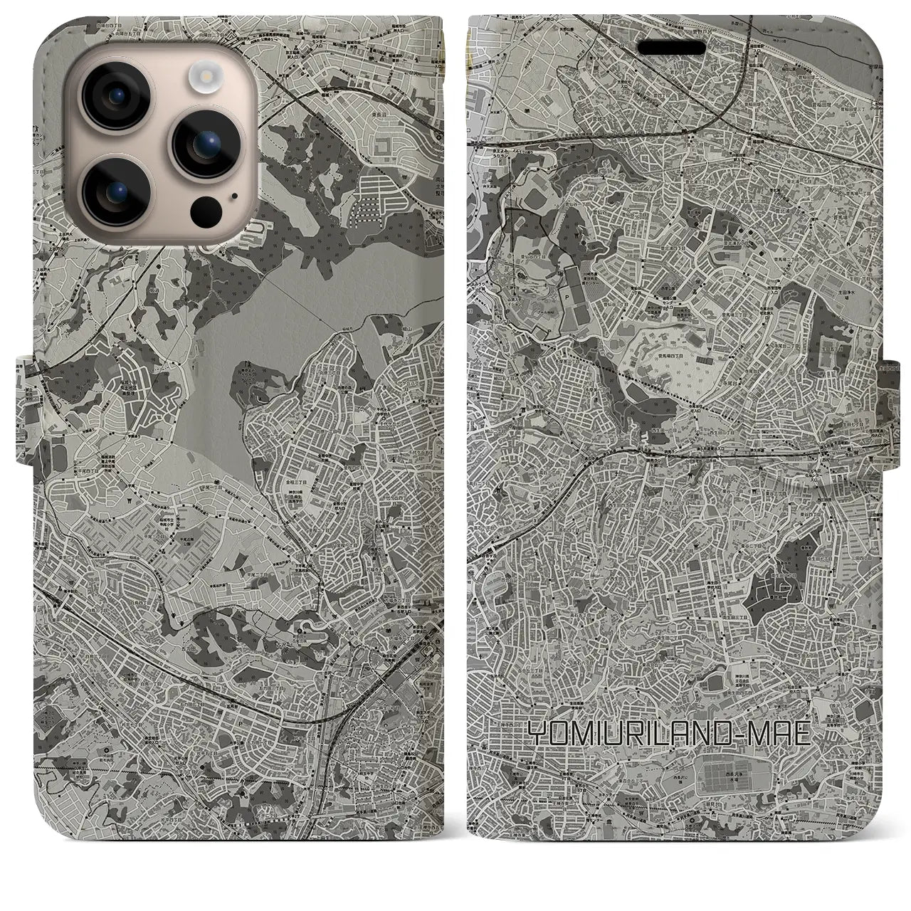 【読売ランド前(神奈川県)】地図柄iPhoneケース(手帳タイプ)モノトーン・iPhone 16 Plus 用