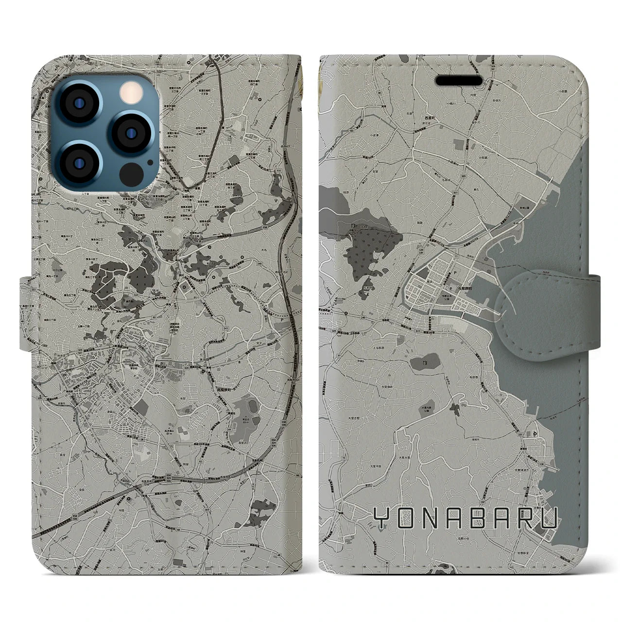 【与那原(沖縄県)】地図柄iPhoneケース(手帳タイプ)モノトーン・iPhone 12 / 12 Pro 用