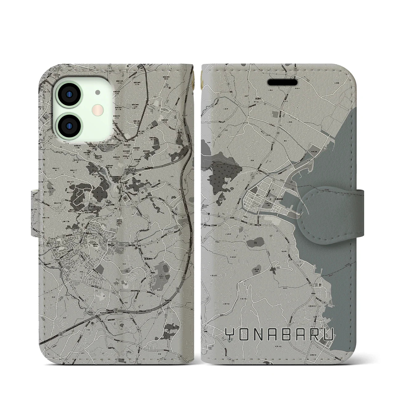 【与那原(沖縄県)】地図柄iPhoneケース(手帳タイプ)モノトーン・iPhone 12 mini 用