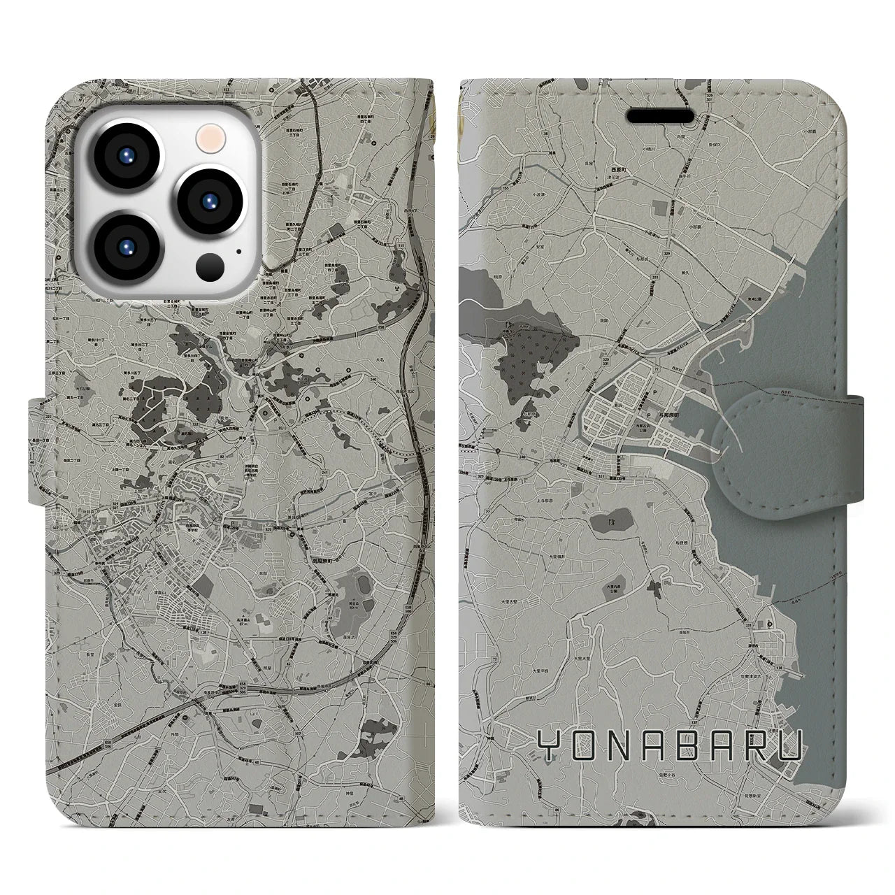 【与那原(沖縄県)】地図柄iPhoneケース(手帳タイプ)モノトーン・iPhone 13 Pro 用