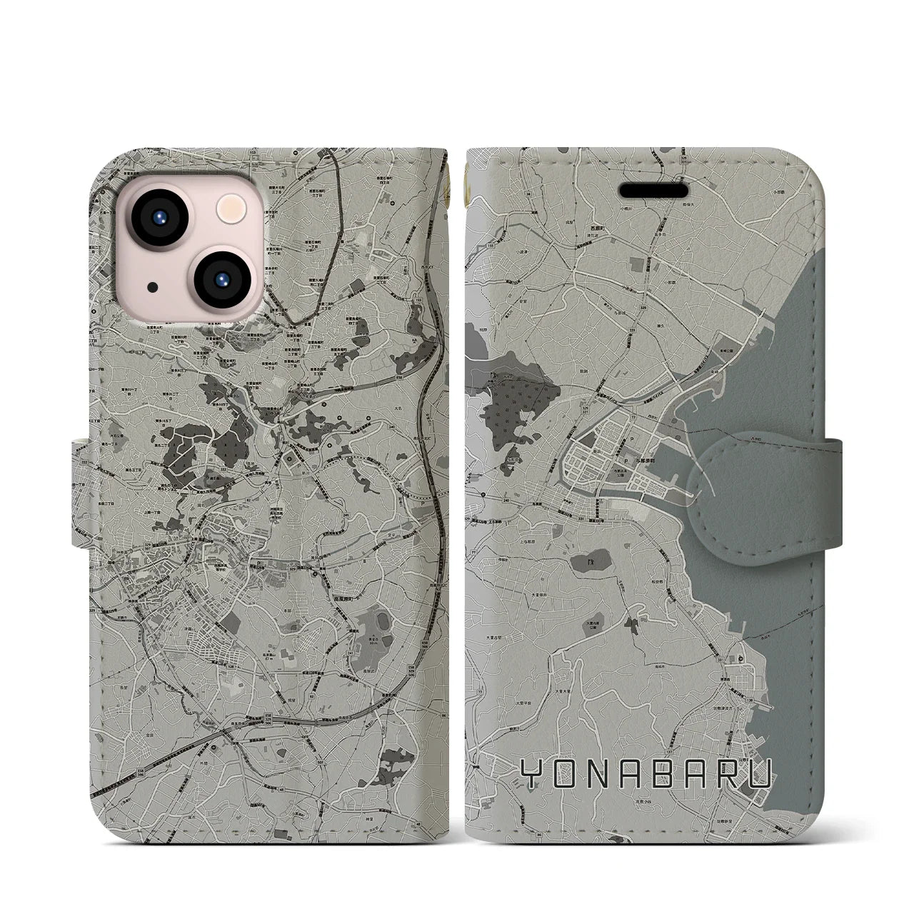 【与那原(沖縄県)】地図柄iPhoneケース(手帳タイプ)モノトーン・iPhone 13 mini 用