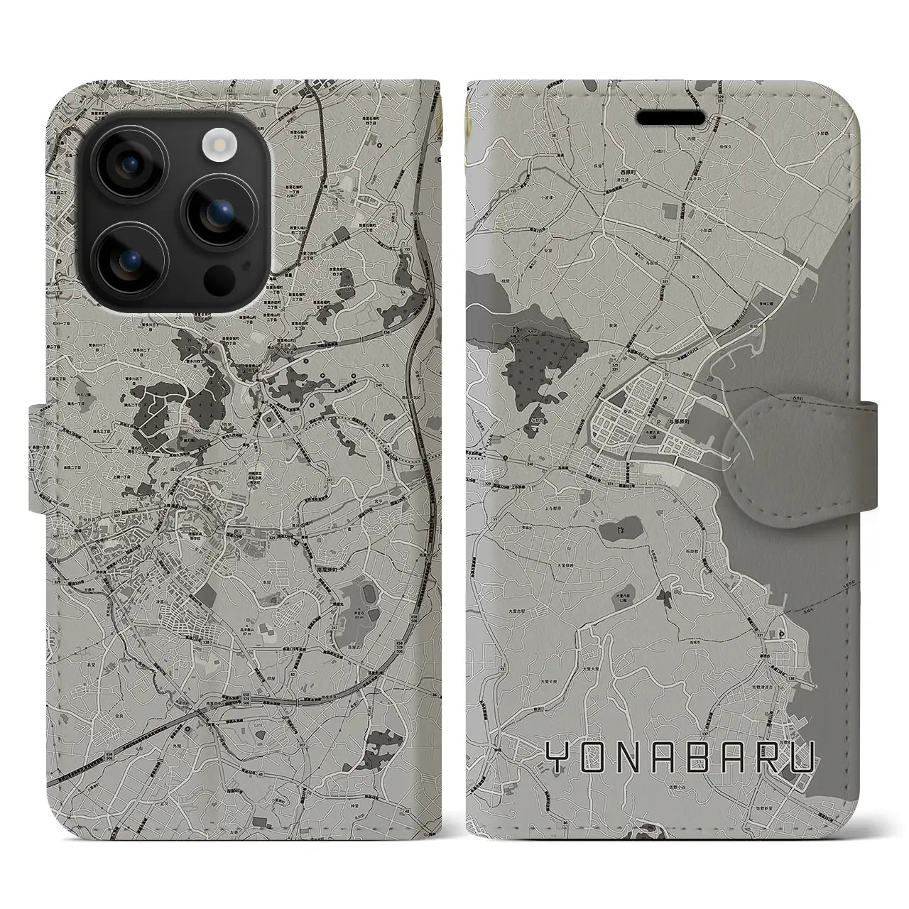【与那原(沖縄県)】地図柄iPhoneケース(手帳タイプ)モノトーン・iPhone 16 用