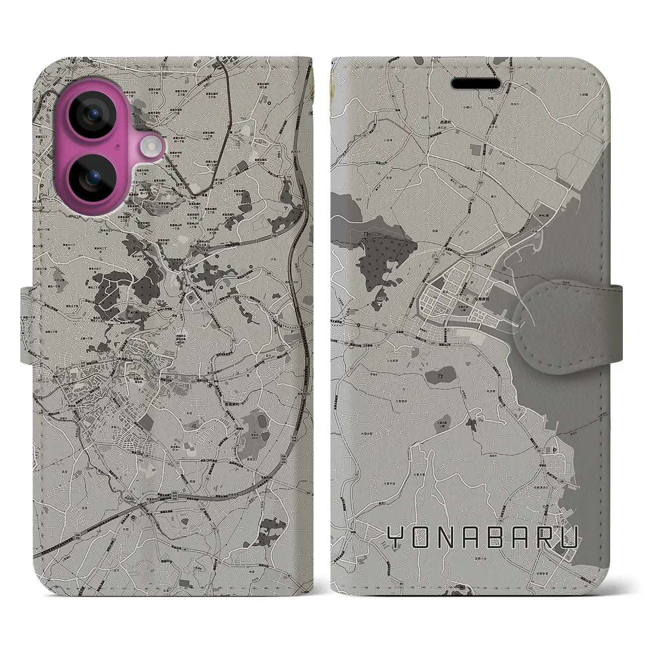 【与那原(沖縄県)】地図柄iPhoneケース(手帳タイプ)モノトーン・iPhone 16 Pro 用