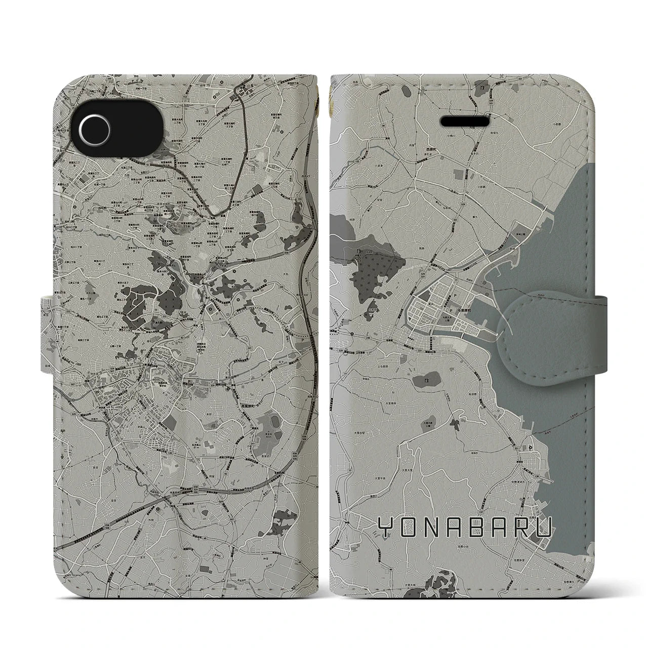 【与那原(沖縄県)】地図柄iPhoneケース(手帳タイプ)モノトーン・iPhone SE(第3 / 第2世代) / 8 / 7 / 6s / 6 用