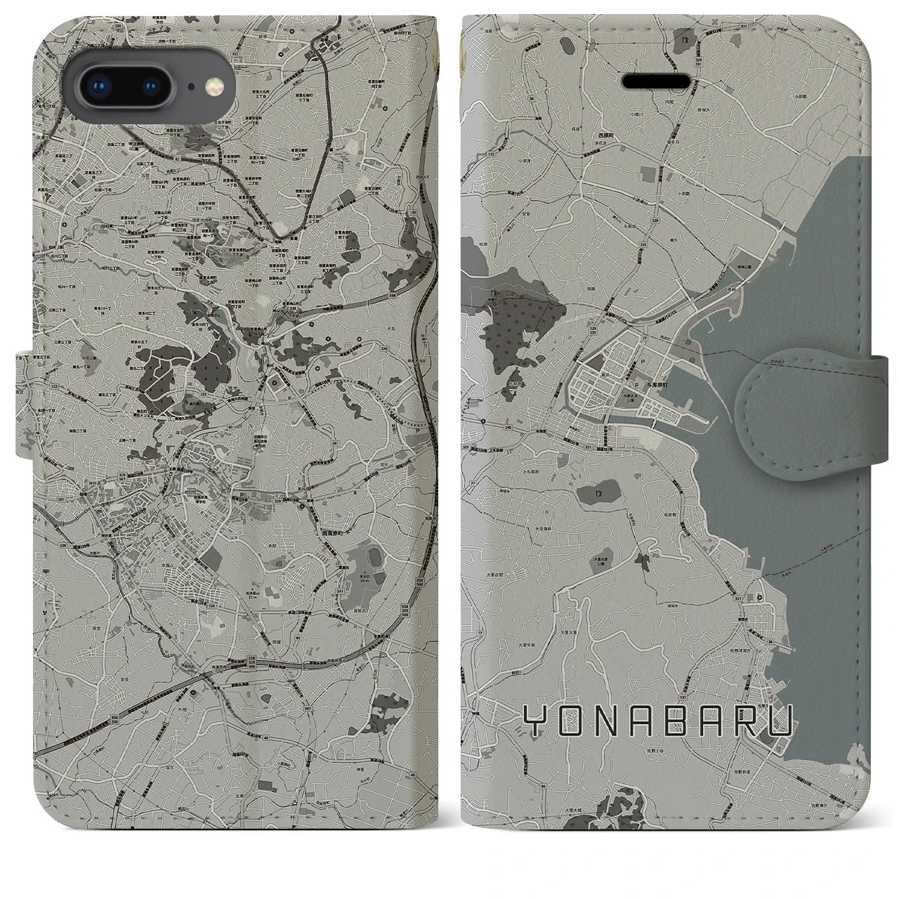 【与那原(沖縄県)】地図柄iPhoneケース(手帳タイプ)モノトーン・iPhone 8Plus /7Plus / 6sPlus / 6Plus 用